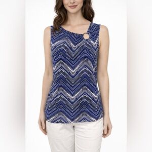 Cato Sleeveless Decorative Neck Black Blue Stretch Silky NWOT Blouse Size Large